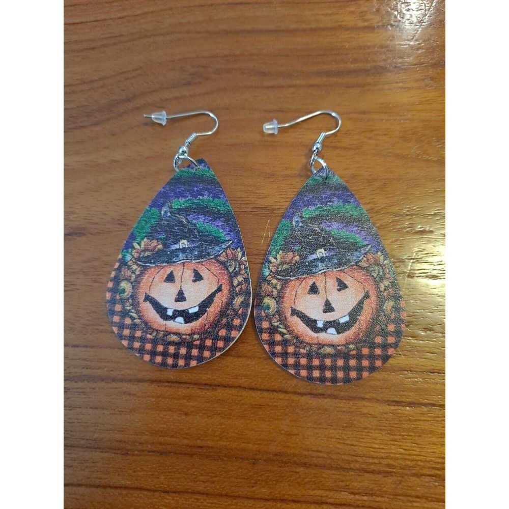 Halloween Faux Leather Pumpkin Teardrop Earring New Not Worn Double-Sided Design